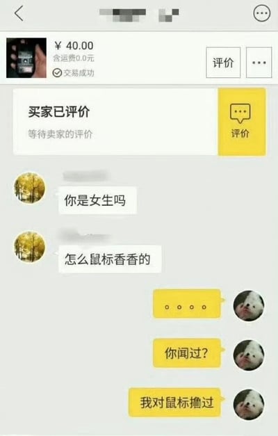 这是一张电商平台交易界面的截图，显示一笔40元的交易已成功完成。下方是买家与卖家的趣味对话，买家好奇询问卖家性别并提出"鼠标香香的"有趣评价，卖家则以幽默口吻回应"我对鼠标撸过"，对话中卖家使用了小狗头像，增添了趣味性。整个截图展现了网购交易后发生的一段轻松搞笑的交流场景。