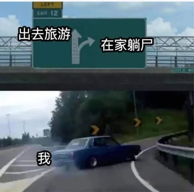 一张幽默梗图，通过高速公路指示牌的形式展现了人们面对旅游和宅家的选择困境。图中绿色的高速公路指示牌上方标有“LEFT”和“EXIT 12”，左侧箭头旁叠加文字“出去旅游”，右侧箭头旁叠加文字“在家躺尸”。下方公路上，一辆蓝色汽车正打滑向右侧“在家躺尸”的方向行驶，车身上标注“我”，生动表现了“我”最终选择宅家的真实写照。背景为晴朗天气下的高速公路场景，带有护栏和道路标识。