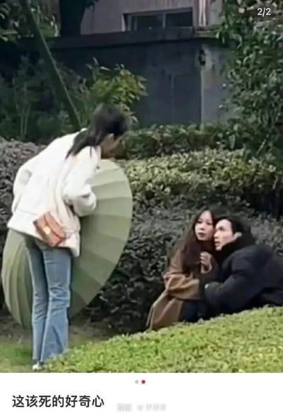 户外场景中，一名女子手持浅色雨伞站立，俯身看向蹲坐在草丛边的一对男女。两人表情惊讶，身体微微后缩，似乎被突然出现的撑伞女子吓到。图片下方配文“这该死的好奇心”，幽默地表现了人们对未知事物忍不住围观的心理。