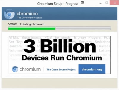 这张图以Chromium开源浏览器的安装向导界面为载体，顶部显示窗口标题为“Chromium Setup - Progress”，蓝色标题栏带有Chromium标识和“The Chromium Projects”字样，下方状态显示为正在安装Chromium，绿色进度条已前进约一半。界面中间用超大黑色粗体字突出标注“3 Billion Devices Run Chromium”（意为30亿台设备运行Chromium），文字背景还模糊罗列了ATM机、智能卡、POS终端、蓝光播放器、个人电脑、机顶盒、服务器、交换机、路由器等各类搭载Chromium的设备类型，界面底部再次出现Chromium标识，标注其为开源项目并附带官方网址chromium.org，整体用安装界面的形式趣味直观地展现了Chromium生态的覆盖范围极广、适配设备数量庞大的特点。