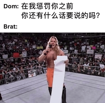 图片上半部分为文字对话，Dom问Brat：“在我惩罚你之前你还有什么话要说的吗？”；下半部分是一张来自摔跤比赛的视频截图，画面中一位金发赤裸上身的男性摔跤手手持麦克风和一张巨大的白纸，站在挤满观众的竞技场中，观众席上有许多举着标语牌的人。整个梗图通过将严肃的对话与摔跤手夸张的发言场景结合，形成幽默效果，暗示Brat准备了长篇大论作为回应。