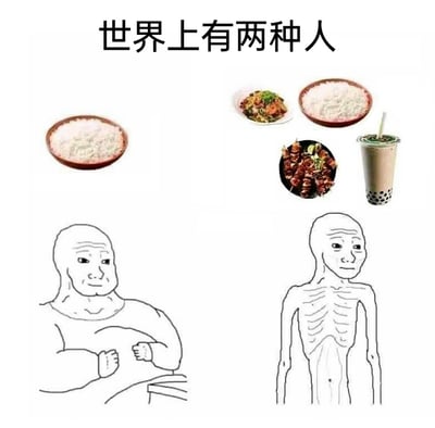 这是一张搞笑对比类梗图，上方配有文字“世界上有两种人”，画面分为左右两部分：左侧是仅食用一碗米饭的健硕壮汉，他神态满足惬意，双手放在肚子上，姿态放松；右侧是食用了一碗米饭、一盘炒菜、一串烤串以及一杯奶茶的瘦弱瘦子，他神态平淡无精打采，直立站立。图片通过夸张的饮食内容与体型的强烈反差，调侃现实中部分人群“吃得少却发胖、吃得多却消瘦”的有趣体质差异，放大这种矛盾感来制造搞笑效果。