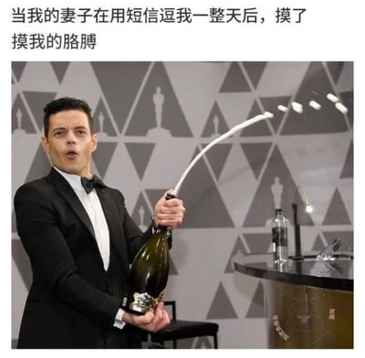 这是一张顶部配文的搞笑梗图，顶部文字内容为“当我的妻子在用短信逗我一整天后，摸了摸我的胳膊”，配图是演员拉米·马雷克身着黑色礼服出席奥斯卡活动时开香槟的画面，他手中的香槟瓶正向外喷出长长的白色酒液，用夸张的比喻手法调侃男性被伴侣长时间撩拨后仅被轻微触碰就产生的强烈生理反应，内容诙谐有趣。