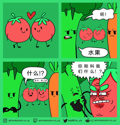 这是一幅四格连环卡通漫画，围绕番茄的归属争议展开：第一格中一对番茄情侣手牵手开心地行走，上方的爱心表现出他们的甜蜜；第二格中西兰花和胡萝卜躲在一旁，西兰花吐着口水嘲讽他们是“水果”；第三格中左边的番茄愤怒地质问“什么!?”，右边的番茄则无奈地劝解“宝贝，算了吧”，而西兰花和胡萝卜依旧一脸不屑；第四格中出现了一个暴怒的大番茄，它怒喊“你刚叫我们什么！？”，西兰花被吓得惊慌失措，只能自我安慰。漫画用幽默的方式调侃了“番茄到底是水果还是蔬菜”的经典争议。