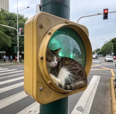 街头十字路口处，一只虎斑猫意外地蜷缩在黄色的行人交通信号灯外壳内，绿灯透过玻璃罩照亮猫咪的毛发，形成温馨又有趣的画面。背景可见斑马线、行人和行驶的车辆，展现了城市中动物与人类环境的奇妙互动。猫咪神态放松，仿佛将信号灯当成了舒适的小窝，萌态十足。