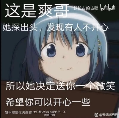 这是一张基于日本动画《魔法少女小圆》角色美树沙耶加（粉丝昵称“爽哥”）的截图制作的治愈系表情包。画面中，美树沙耶加从遮挡物后探出头，面带柔和的浅笑，眼神清澈温暖。搭配的配文以拟人的口吻，设定她察觉到有人情绪低落，便主动送上微笑，希望能让对方开心起来，还贴心提醒对方要多关爱自己，不要做“巴嘎”，整体氛围温馨治愈，旨在向情绪不佳的人传递安慰与积极的情绪。