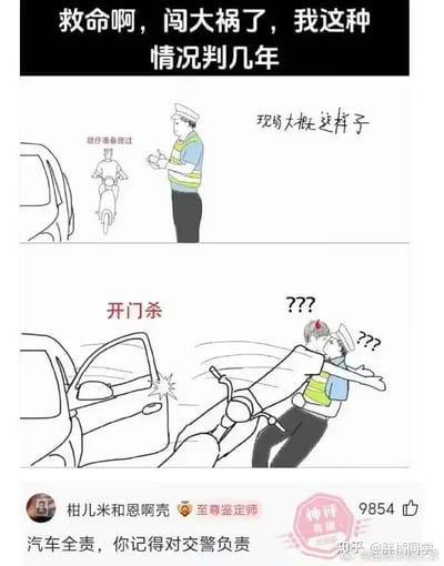 这是一张以幽默漫画形式表现“开门杀”交通事故桥段的梗图，上半部分是一位交警正在路边写字，一辆准备经过的电动车驶来；下半部分则突发状况，汽车车门突然打开，电动车撞上交警并将交警带倒。图中用“开门杀”、“？？？”等网络流行元素强调了突发和无奈。梗图下方评论戏谑地回答责任分配，称“汽车全责，你记得对交警负责”，讽刺现实中复杂的交通事故责任认定，以及遇到不可理喻的状况时当事人的无力与困惑。

暗示&双关：用“对交警负责”调侃交警变成了受害者，黑色幽默与反差感强烈。