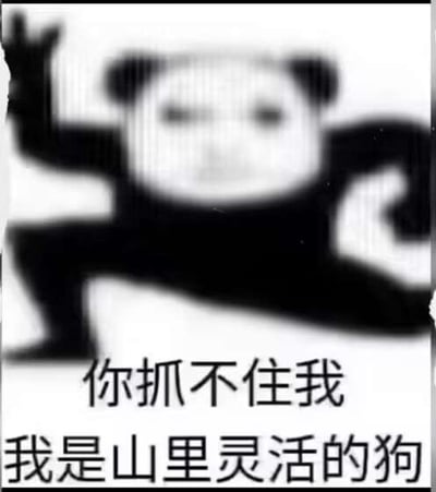 图片中是一个黑白卡通熊猫头形象，它呈现出动态的奔跑或躲避姿势，四肢舒展，仿佛在快速移动。下方配有文字“你抓不住我 我是山里灵活的狗”，形成幽默效果。这里存在形象与文字的反差萌：熊猫头的外形却自称“山里灵活的狗”，通过这种错位制造出搞笑的喜剧感。