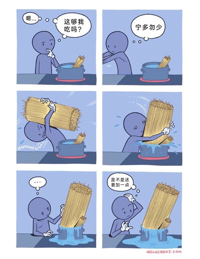这是一则六格卡通搞笑漫画，讲述了蓝色小人煮意面时的滑稽经历：第一格中小人看着锅里少量的意面，露出疑惑的神情，心里想着“这够我吃吗？”；第二格中他打定主意秉持“宁多勿少”的原则；第三、四格中他费力扛来一大捆意面，咬牙将其往锅里放，过程中汤水不断溢出，锅里的意面已经远远超出锅的容量；第五格中小人看着堆起的意面和溢出的汤水，露出无语的表情；第六格中他却仍在纠结，摸着脑袋思考“是不是还要加一点？”。漫画通过夸张的行为，放大了人们生活中偶尔会出现的“过度准备”的小纠结，充满了讽刺和搞笑的效果，让人忍俊不禁。