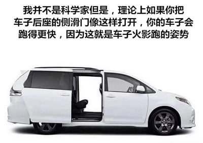 图片中是一辆白色面包车，其后座侧滑门呈打开状态。上方配有文字：“我并不是科学家但是，理论上如果你把车子后座的侧滑门像这样打开，你的车子会跑得更快，因为这就是车子火影跑的姿势”。该图通过将打开的车门比作《火影忍者》中角色标志性的“火影跑”姿势（身体前倾、手臂后摆），制造幽默效果，属于脑洞大开的搞笑梗图。