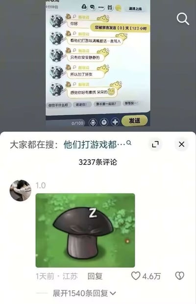 整张图由上下两部分拼接而成，上半部分是某游戏的聊天界面：一名玩家主动给刚刚添加的好友发消息，夸赞对方在其他玩家都满口脏话骂人的游戏环境里一直安安静静，认为对方很有素质、看起来呆呆的，而界面顶部的系统提示明确显示，这名被夸赞的玩家实际正处于被禁言12小时的状态，根本无法发送消息；下半部分是国内社交平台的评论区界面，有用户发布了一张《植物大战僵尸》中正在睡觉的毁灭菇表情包作为回应，精准呼应了“不是本人有素质，只是被限制发言所以没法说话”的核心笑点，该评论获得了4.6万点赞。