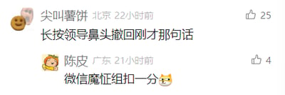 这是一张社交媒体评论区的截图，呈现了两条充满趣味的职场相关评论。来自北京的用户“尖叫薯饼”22小时前发布评论“长按领导鼻头撤回刚才那句话”，借用微信“长按撤回消息”的功能梗，将操作对象替换为领导鼻头，以夸张戏谑的方式调侃职场中不慎说错话后想要挽回的窘迫心情，该评论收获了25个点赞；来自广东的用户“陈皮”21小时前跟进评论“微信魔怔组扣一分😼”，调侃前者的脑洞如同沉迷微信功能走火入魔，这条评论获得4个点赞。整体内容以职场场景为背景，通过玩梗的方式抒发职场人日常的小尴尬，充满轻松幽默的氛围。
