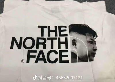 一张白色T恤的实拍图，衣服正面印有经过恶搞设计的'THE NORTH FACE'标志。设计将原品牌标志中的'FACE'部分与一张男性侧脸肖像结合，形成视觉双关效果——既保留了品牌名称的文字识别度，又通过肖像图案 literal 化了'FACE'的含义。T恤平铺展示，背景为灰色布料，整体拍摄清晰，重点突出了这个创意设计。