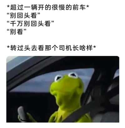 这是一张诙谐的网络梗图，上方文字构建了一个日常开车的场景：当驾驶者超过一辆行驶缓慢的前车时，内心不断响起“别回头看”“千万别回头看”“别看”的自我提醒，但最终还是抵不住好奇心，转过头去想看看慢车司机的样子；下方配图是经典布偶角色科米蛙，它坐在汽车驾驶座上，系着安全带，眼睛向上翻起，呈现出回头张望的姿态，生动还原了文字描述中“忍不住回头”的心态，用卡通角色的夸张表现放大了人们“越被禁止越好奇”的逆反心理，充满趣味。