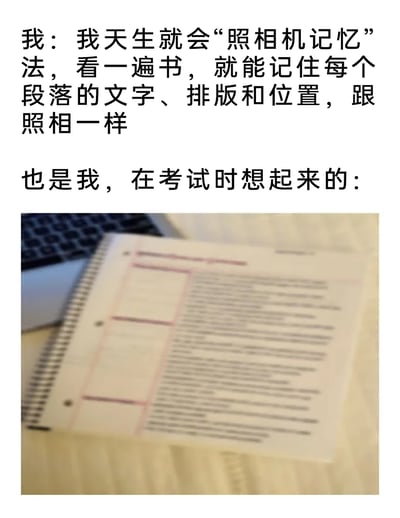 这是一张自嘲类的梗图，通过前后对比制造笑点：上方文字中，“我”声称自己拥有超强的“照相机记忆”，看一遍书就能精准记住书本的文字、排版和位置，效果如同照相；下方则展示了考试时“我”实际回忆起来的画面——一张内容完全模糊、无法辨认具体文字的笔记本页面，形成强烈的反差，生动调侃了学生群体中常见的“考前觉得自己记住了，考试时大脑一片模糊”的记忆翻车场景，引发学生群体的共鸣。