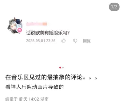这是一张图文混排的内容，上方是2025年5月1日发布的一条社交媒体评论，内容为「话说欧美有摇滚乐吗？」，下方是发布者的吐槽文字：「在音乐区见过的最抽象的评论。。。看神人乐队动画片导致的」。
这条评论因完全违背基本音乐常识（摇滚乐起源并兴盛于欧美，诞生了The Beatles、滚石乐队、齐柏林飞艇等大量经典摇滚乐队与作品），被认为是极其离谱的「抽象」发言，引发吐槽。