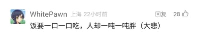 这是一张社交媒体评论区的截图，展示了用户名为WhitePawn的用户发布的一条个人感慨评论，该用户的所在地标注为上海，评论发布时间为22小时前。评论内容为“饭要一口一口吃，人却一吨一吨胖（大悲）”，这条评论获得了28个点赞，界面右侧设有“回复”按钮。用户的头像是一个深色头发的卡通女性角色，表情平静。这条评论运用了谐音梗，将原本的“一顿一顿”谐音替换为“一吨一吨”，用夸张的手法自嘲体重增长的速度和幅度，带有诙谐的自嘲意味，表达了对体重增加的无奈情绪。