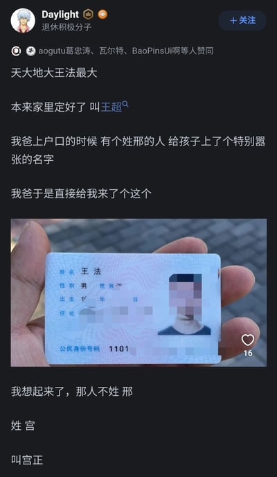 这是一条社交平台的原创帖子，用户Daylight分享了自己名字的趣味由来：原本家里给“我”定好的名字是王超，爸爸去上户口时，看到有个姓邢的人给孩子起了个嚣张的名字，于是直接给“我”起名王法，最后又补充纠正那人其实姓宫，叫宫正。帖子还附上了一张姓名为王法的身份证照片，身份证上的出生日期、住址、身份证号等信息都做了马赛克处理。内容玩了谐音梗，“王法”对应“法律”，“宫正”谐音“公正”，形成了有趣的反差笑点，属于生活类的搞笑分享内容。