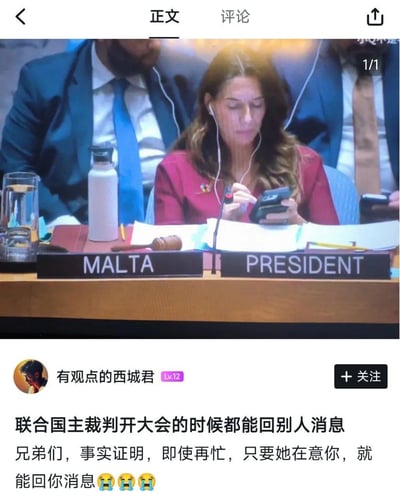 这是一张社交媒体截图，上方是联合国会议的现场画面，桌牌标注有“MALTA（马耳他）”和“PRESIDENT（主席）”，一位女性会议主席戴着耳机，在会议进行期间低头操作手机。下方是博主“有观点的西城君”配的文案：“联合国主裁判开大会的时候都能回别人消息 兄弟们，事实证明，即使再忙，只要她在意你，就能回你消息😭😭😭”，用严肃国际会议场合的反差场景，来调侃“在意就会抽时间回消息”的恋爱相关话题，制造搞笑效果，图中无谐音、双关等特殊梗。