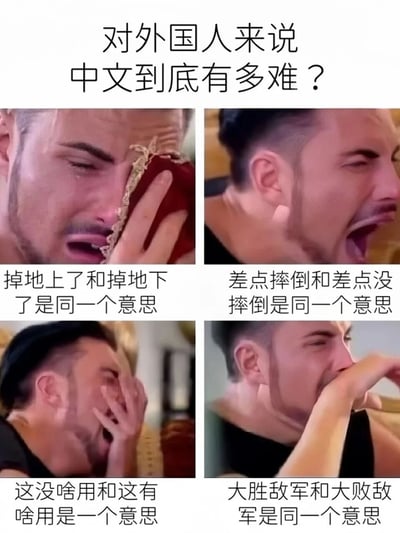 图片上方配有文字“对外国人来说中文到底有多难？”，下方是2x2网格排列的四张真人表情图，均为同一名男性的崩溃反应。每张图下方分别配有中文语法对比文字：“掉地上了和掉地下了是同一个意思”“差点摔倒和差点没摔倒是同一个意思”“这没啥用和这有啥用是一个意思”“大胜敌军和大败敌军是同一个意思”。男性表情从捂脸痛苦到张嘴大喊，生动展现了外国人面对中文中看似矛盾却意思相同的表达时的困惑与崩溃，通过夸张的表情和语言对比制造幽默效果。