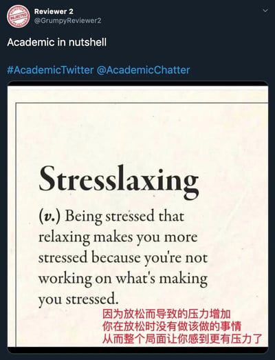这是一张模仿字典词条格式的学术圈梗图，创造了新词“Stresslaxing”来描述学术界常见的焦虑现象：因为担心放松会耽误工作，结果越放松越焦虑的矛盾状态。图中上方是Twitter用户@GrumpyReviewer2的推文截图，标题为“Academic in nutshell”，并带有#AcademicTwitter话题标签。下方主体部分以词典样式展示了“Stresslaxing”的定义，英文原文下方配有中文翻译，形成跨语言的幽默效果。