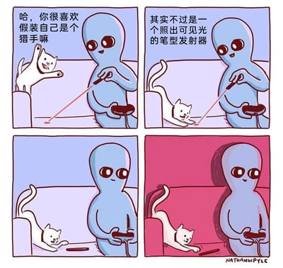 这是出自《奇异星球》系列的四格连环卡通漫画：第一格中，蓝色外星人拿着激光笔逗猫，看着兴奋扑向红点的白猫调侃“哈，你很喜欢假装自己是个猎手嘛”；第二格中，外星人用直白的科学表述拆穿游戏本质：“其实不过是一个照出可见光的笔型发射器”，猫咪依旧专注扑向红点；第三格中，外星人放下激光笔不再发射激光，但猫咪仍保持扑抓姿势；第四格背景变为红色，猫咪依旧维持动作，外星人面带微笑看着它。漫画用冷幽默的方式，以理性表述解构日常逗猫的温馨互动，展现猫咪不在乎“真相”、只享受追逐乐趣的状态，制造反差笑点。