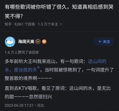 这是一张知乎平台的问答截图，问题为「有哪些歌词被你听错了很久，知道真相后感到哭笑不得？」。用户「海阔天高」的回答获得了1.6万人赞同，回答中分享了自己的经历：多年前听歌曲《大王叫我来巡山》时，将歌词「这山间的水，是无比的甜」误听成「这山间的水，是谷底的天」，还误以为这句词提升了整首歌的境界，直到去KTV唱歌看到原词，才发现自己听错了，顿时感到扫兴，这种反差感让经历显得十分搞笑，引发众多网友共鸣。
