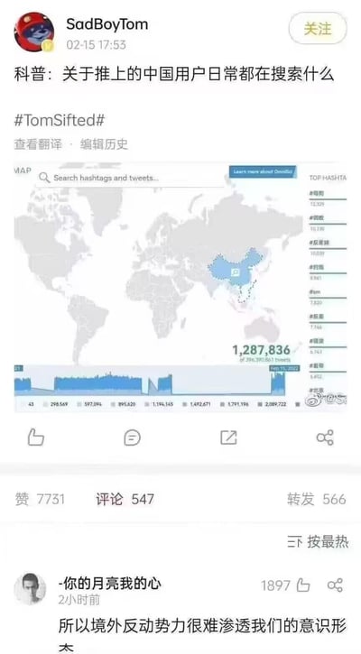 这是一张微博平台的社交媒体截图，用户SadBoyTom于2022年2月15日发布了标题为「科普：关于推上的中国用户日常都在搜索什么」的内容，附带了OmniSci制作的推特数据可视化图，图中世界地图标记出中国区域，右侧列出了该区域推特用户的热门搜索标签，多为低俗相关内容，下方还有一条高赞评论「所以境外反动势力很难渗透我们的意识形态」，用反差玩梗的方式调侃这些搜索内容和意识形态之间的错位感。