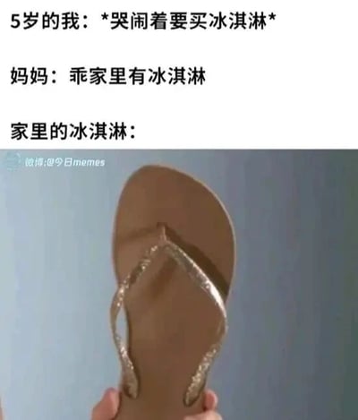 这是一张图文混排的搞笑静态梗图，上方文字构建了一个充满生活感的童年场景：5岁的孩子哭闹着想要买外面的冰淇淋，妈妈则温柔安抚孩子，表示家里有冰淇淋。下方的图片揭晓了妈妈口中的“冰淇淋”——一双棕色的人字拖，利用人字拖的夹脚带和鞋身的组合形状，和冰淇淋蛋筒的视觉形态相似，制造出强烈的反差感，调侃了童年里家长用类似“糊弄”的方式应对孩子要求的有趣经历，容易引发网友对相似童年场景的共鸣，充满生活化的幽默。