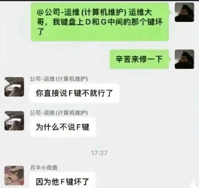 这是一张职场聊天记录截图，展示了一段因键盘F键损坏引发的搞笑对话。用户向运维报告“D和G中间的键坏了”，运维疑惑“为什么不直接说F键”，随后另一用户“月半小夜曲”神评论“因为他F键坏了”，揭示了用户无法直接说出“F键”的原因，形成幽默反转。