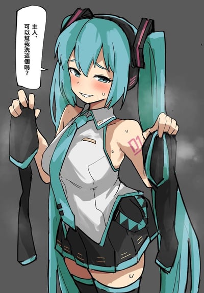 图中是VOCALOID的虚拟歌姬初音未来，她脸颊泛红、带着害羞窘迫的表情，身上挂着汗珠，正将手臂上的黑色袖套脱下，以“主人”的视角撒娇请求：“主人、可以帮我洗這個嗎？”，画面营造出略带暧昧的日常氛围，没有双关或谐音梗。