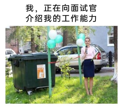 这是一张充满自嘲意味的职场搞笑梗图，图片上方配有文字“我，正在向面试官介绍我的工作能力”。画面中一位身着粉色衬衫、深蓝色包臀裙的职业装女士，手持话筒和文件，面带微笑地站在户外草地上，而她所面对的“面试官”却是一个大型绿色带轮垃圾桶，垃圾桶被绿色杆子和红绳围起来，仿佛是正式的听众席。这种错位的场景讽刺了求职者在面试时自我感觉良好地推销自己，但在面试官眼中可能毫无价值的尴尬处境，精准戳中职场人的共情点。