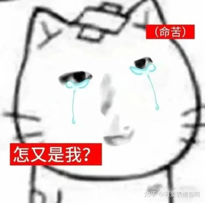 一张手绘风格的悲伤猫咪表情包，猫咪双眼流着蓝色的眼泪，表情委屈。图片中有两处红色文字框，右上角写着“(命苦)”，左下角写着“怎又是我?”，表达了一种无奈和委屈的情绪。