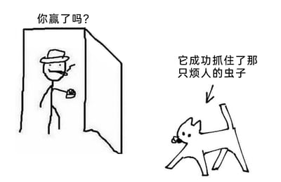 这是一张黑白线稿风格的趣味梗图，画面分为左右两部分：左侧是躲在门后的火柴人，他戴着帽子、叼着烟，手里拿着容器，脸上带着笑意，上方配文“你赢了吗？”；右侧是一只猫，旁边的文字标注写着“它成功抓住了那只烦人的虫子”，箭头指向猫的尾巴，但实际上猫嘴里咬着的是自己的尾巴，它错误地将自己的尾巴当成了要抓的虫子。这种目标错误的反差制造出滑稽的笑点，调侃了那些白费力气、搞错目标的行为，同时火柴人的提问也让这个场景更具戏剧性。对于火柴人的问题“你赢了吗？”，实际上猫并没有赢，它只是误咬了自己的尾巴，并没有抓住真正的虫子。