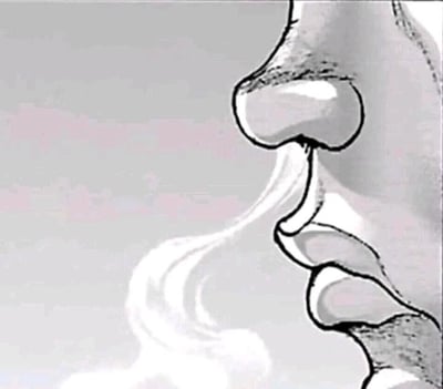 这是一张黑白静态的视觉错位漫画图，画面右侧呈现了人物的鼻子局部，下方的白色云朵线条与人物的轮廓线条巧妙结合，形成了强烈的视觉错觉：观者第一眼极易将其误判为人物的嘴巴正在呼出气流，但实际上是云朵的形状与面部线条巧合构成的趣味效果，利用视觉的认知偏差制造出反差感，带来搞笑的观看体验。