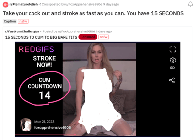 这是一张Reddit帖子的截图，内容包含低俗色情信息和不当挑战，涉及露骨文字描述和部分身体部位被遮挡的女性图像。图片上方有用户发布的不当指令，中间是带有倒计时的视频截图，显示一位金发女性坐在床上，身体关键部位被白色块遮挡。