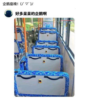 这是一张公交车内部的实拍图，座椅的蓝色边框、黑色扶手与中间的黄黑按钮组合在一起，形成了类似企鹅的视觉效果：蓝色边框像企鹅的头部轮廓，黑色扶手如同企鹅的眼睛，中间的按钮则像企鹅的嘴巴，一排座椅看起来就像呆呆的企鹅排排坐，趣味十足。
这是利用视觉错位形成的可爱联想，没有双关或谐音梗，纯粹是造型巧合带来的治愈感。