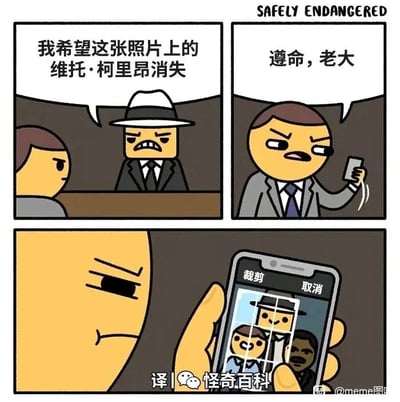 这是一幅三格连环卡通漫画，采用幽默反套路的叙事方式。第一格中，一位身着西装礼帽、表情愤怒严肃的黑帮老大，向面前的手下下达指令：“我希望这张照片上的维托·柯里昂消失”，维托·柯里昂是经典黑帮电影《教父》的核心角色，此处的指令在黑帮语境下原本暗示着暴力清除相关人物的含义；第二格中，手下表情恭敬地回应“遵命，老大”，同时拿出手机做出准备操作的动作；第三格是特写镜头，展示手下正在用手机的裁剪功能，将照片里的维托·柯里昂从画面中裁掉，用完全字面化的方式执行了老大的指令，形成了强烈的反差笑点，讽刺了对指令的刻板、字面化理解，也利用黑帮题材的严肃感和搞笑执行方式的对比制造幽默效果。