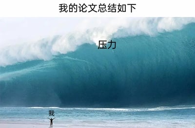 这张图片以图文结合的方式，将论文写作带来的压力具象化呈现。顶部的文字“我的论文总结如下”点明核心主题，画面主体是海边场景：沙滩上渺小的人物被标注为“我”，人物双臂张开，面对前方遮天蔽日、即将汹涌袭来的巨大海浪，海浪被标注为“压力”。通过巨大海浪与渺小人物的强烈视觉对比，生动且夸张地展现出在完成论文的过程中，当事人所承受的压倒性的巨大压力，精准共情了学生、科研工作者在论文创作阶段的焦虑与无力感，用幽默的方式抒发了这类群体的共同情绪。