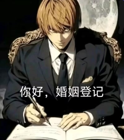 这是一张基于动画《死亡笔记》角色夜神月的二次创作梗图，原本夜神月在死亡笔记上书写的充满压迫感的场景，被配上了“你好，婚姻登记”的文字，将处决目标的死亡笔记替换成婚姻登记的表格，用强烈的反差制造搞笑效果，调侃婚姻像是一种“命运宣判”，自带反差感的玩梗趣味拉满。