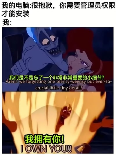 这是一张幽默梗图，上方文字为“我的电脑:很抱歉，你需要管理员权限才能安装 我:”，下方分为两张动画截图。第一张图中，蓝色皮肤的反派角色（乌苏拉）对红发角色低语，配文“我们是不是忘了一个非常非常重要的小细节？”；第二张图中，乌苏拉在火焰中咆哮，配文“我拥有你！I OWN YOU!!!”。通过经典动画场景的二次创作，夸张表现了用户面对电脑要求管理员权限时的无奈与“反杀”心态，用反派的强势台词幽默化解技术操作中的挫败感。