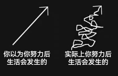 这是一张左右对比图，背景为黑色。左侧有一个笔直向上的白色箭头，下方配有文字“你以为你努力后生活会发生的”，象征着人们对努力后生活能直线上升的理想化预期；右侧是一个蜿蜒曲折、杂乱无章但总体仍向上的白色箭头，下方文字为“实际上你努力后生活会发生的”，代表现实中努力过程的坎坷与不顺畅。图片通过箭头形态和文字的对比，幽默地展现了理想与现实之间的差距。