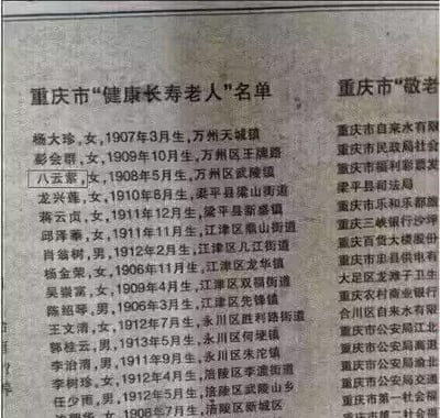 这是一张翻拍/扫描的纸质官方文件图片，分为左右两部分，左侧为重庆市“健康长寿老人”名单，记录了多位出生于1906年至1913年的长寿老人的姓名、性别、出生年月与所属地区，展现了当地的长寿群体情况；右侧为重庆市“敬老”相关单位名单，罗列了多个参与敬老工作的相关单位。整体文字排版规整，是用于记录和公示长寿老人代表与敬老相关单位的正式文档，旨在弘扬敬老爱老的社会风气。