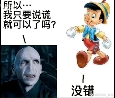 这是一张网友二次创作的多图拼接搞笑梗图，画面右上角是童话《木偶奇遇记》中的经典卡通角色匹诺曹，配文“所以…我只要说谎就可以了吗？”；左下角是《哈利·波特》系列电影中的反派伏地魔的影视截图；右下角配文“没错”。该梗图结合了两个角色的核心特征：匹诺曹说谎时鼻子会变长，而伏地魔因黑魔法导致外貌畸形没有鼻子，通过这段对话制造出“伏地魔希望借助匹诺曹说谎来获得鼻子”的搞笑联想，利用角色设定的反差感制造幽默效果。