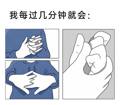 这是一张图文混排的卡通漫画，顶部配有文字“我每过几分钟就会：”，下方通过三个分镜展示了卡通人物每隔几分钟就会不自觉做出的手部小动作：左上角分镜呈现人物双手交叉握在一起并向相反方向拧动，左下角分镜是人物双手在胸前交叉来回摩挲，右侧分镜则是人物用一只手掰动另一只手的手指，这些动作通常是人们在无聊、焦虑或无意识状态下的习惯性肢体行为，容易引发有相同习惯的人的共鸣。