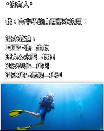 这张梗图通过幽默方式反驳了"高中知识无用论"。图片上方是文字对话，下方是一张潜水员在蓝色海水中潜水的照片。对话内容显示当有人说"高中學的東西根本沒用！"时，潜水教练列出了潜水活动中需要用到的各种高中知识：耳压平衡(生物)、浮力&水压(物理)、潮汐变化(地科)、潜水地区气候(地理)。