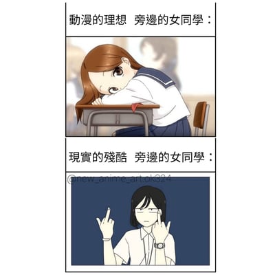 一张对比动漫理想与现实残酷的双格漫画。上图标题为'动漫的理想 旁边的女同学'，展示一位棕色头发的可爱动漫女生趴在课桌上睡觉，表情温柔可爱；下图标题为'现实的残酷 旁边的女同学'，展示一位黑色短发的女生面无表情地用双手比出中指。通过夸张对比展现了动漫中理想化的女同学形象与现实中可能遇到的真实情况之间的反差，带有幽默和自嘲的意味。