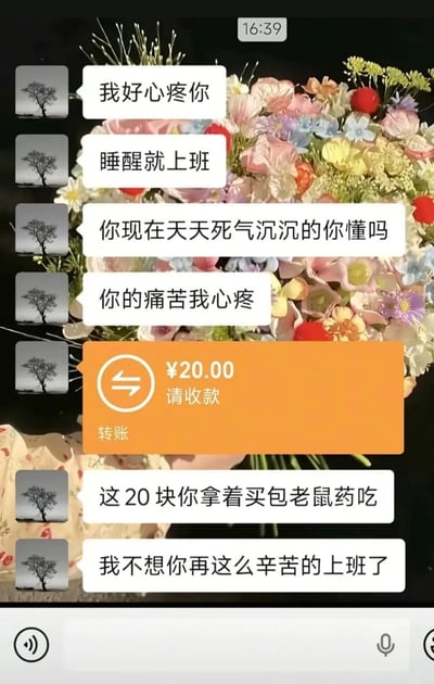 这是一张微信聊天记录截图，背景为一束色彩丰富的仿真花。左侧发送方头像是黑白孤树图案，先连续发送多条看似关心对方的消息，表达自己心疼对方睡醒就要上班、天天死气沉沉的状态，共情对方的痛苦，随后发送了20元的转账，紧接着又发消息调侃这20块让对方拿去买老鼠药吃，声称不想对方再这么辛苦上班。整张图用夸张荒诞的反讽手法，以前期温情铺垫和后期离谱毒舌建议的强烈反差，搭配极低的转账金额，吐槽当代打工人上班的痛苦情绪，笑点突出容易引发打工人共鸣。