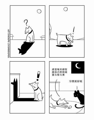这是一则四格黑白卡通漫画：第一格，夜晚月光下，一只狗狗看着自己形状像猪的影子，满脸疑惑；第二格，狗狗换了位置，影子变成了正常的小圆形，狗狗露出惊讶的表情；第三格，狗狗在墙角，自己的影子变成了类似狼的尖锐形状，狗狗再次感到惊讶；第四格，夜色更深，狗狗趴在地上，旁边的黑猫淡定地看着它，狗狗感慨“感觉每天都在跟自己的阴暗面斗智斗勇”，黑猫则回应“习惯就好啦”。漫画通过狗狗影子的变化，隐喻人们内心的“阴暗面”，用幽默的方式表达了与自我负面特质相处的日常感悟。