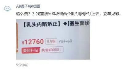 这是一张竖屏格式的社交媒体截图，属于图文混排的内容。顶部是用户“AI橘子模拟器”发布的评论，针对下方展示的“乳头内陷矫正”医美项目的高昂价格进行幽默吐槽，称仅需花费500元使用乳钉就能达到矫正效果，用夸张的低成本替代方案讽刺医美项目的高价；下方是该医美项目的价格详情，标注原价21760元，打5.9折后售价12760元，还显示美团补贴共省9000元。整体内容是网友对医美行业高价项目的调侃，风格搞笑接地气。